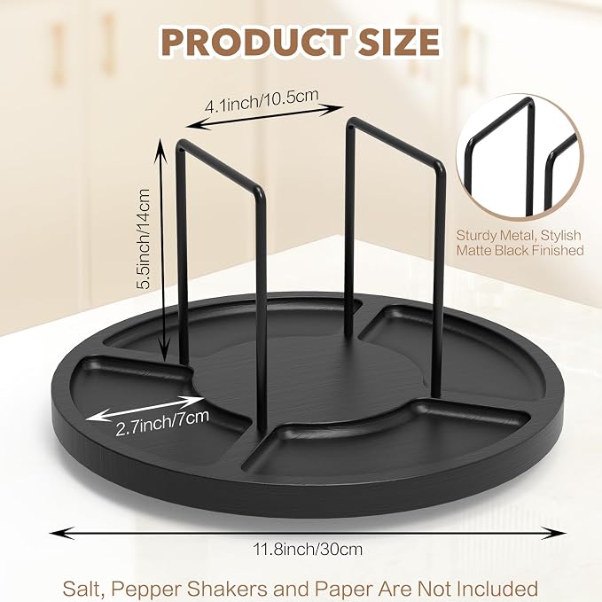 Napkin Holder for Table, Rotating Napkin Dispenser with Salt and Pepper Shakers Storage, Standing Paper Napkin Organizer for Kitchen Dining Table Decor (1, Black Round)
