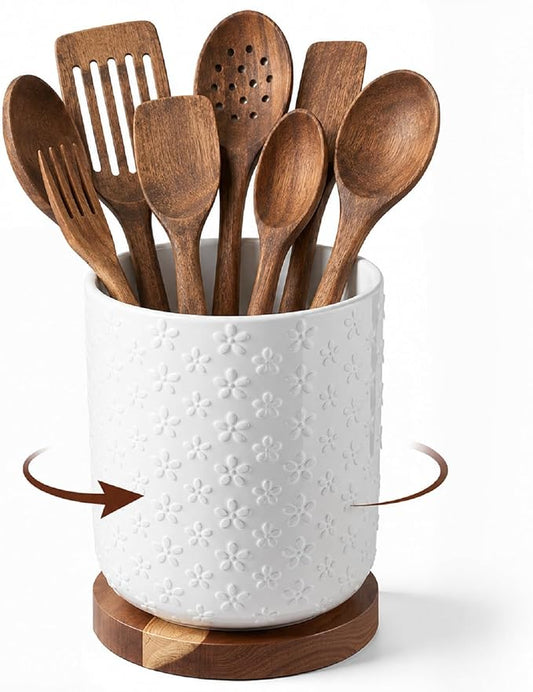Honeydak Utensil Holder for Kitchen Counter, 360° Rotating Large Cooking Countertop Tool Spoon Crock Vintage Rustic Burnt Holder for Farmhouse Kitchen Gifts Decor (Ceramic,Flower Emboss,7.2" X 6.3")