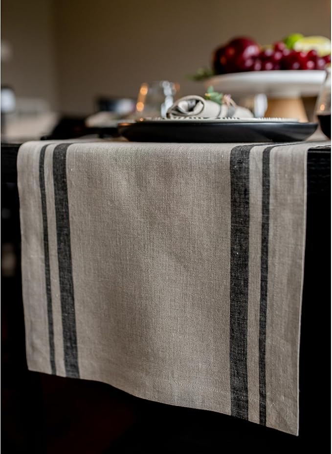 Solino Home Linen Table Runner 120 Inches Long - 100% Pure Linen Black and Natural French Stripe Table Runner 14 x 120 Inch for Dining, Spring, Summer