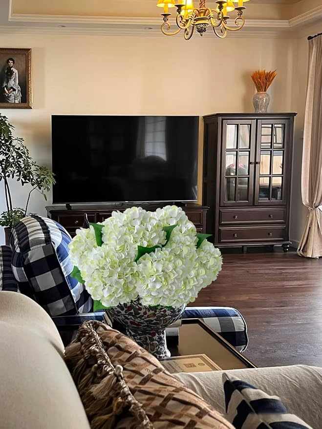 ZYTUYO 5 Pcs White & Light Green Silk Hydrangeas Artificial Flower Boho Dried Touch 20'' Faux Hydrangeas for Indoor Home Decor Kitchen Living Room Outdoor Porch Wedding Flower Arrangement
