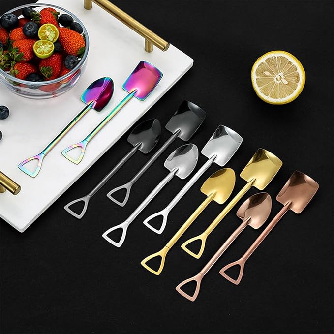 2 Pcs (1 Set) Stainless Steel Shovel Spoons – Reusable Mini Dessert Spoons for Coffee, Tea, Ice Cream, Fruit, Sugar & Cake, Cute Shovel-Shaped Silver Spoons for Kitchen and Party Use (Black)