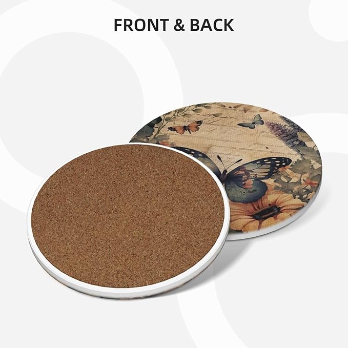 Boho Floral Vintage Flower 6 Pcs Coaster Set with Holder Round Ceramic Coasters Pretty Romantic Blossom Daisy Butterfly Absorbent Cup Drink Coasters Set for Modern Coffee Table Bar Wine Beer Protect