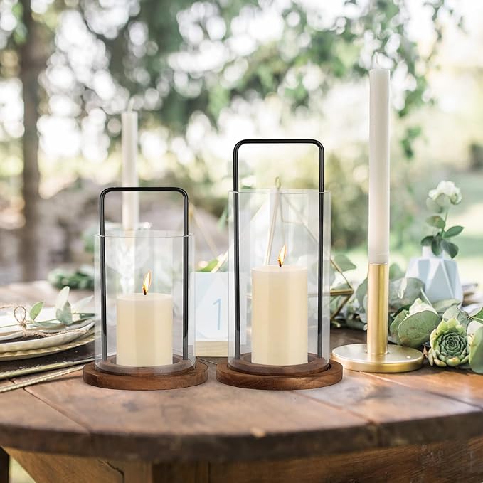 Glass Hurricane Candle Holder with Metal Handle and Wooden Base, Modern Home Decor, Set of 2 for Indoor Use, Medium 5.9" x 7.5" & 5.9" x 9.48"