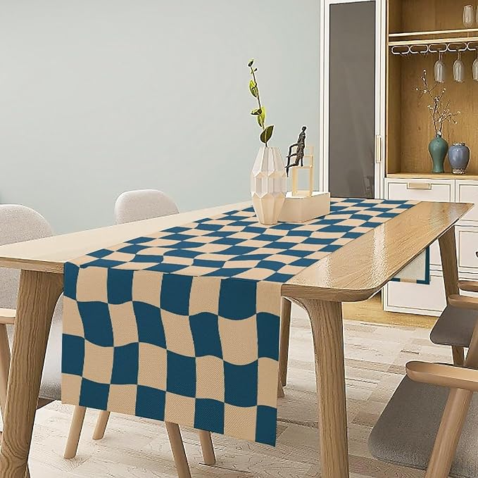 Groovy Retro Checkered Table Runner Vintage Abstract Wavy Swirl Twisted Blue Hippie Grid Dinner Runner for Farmhouse Country Home Kitchen Dining Table Party Holiday Decor 13x36in