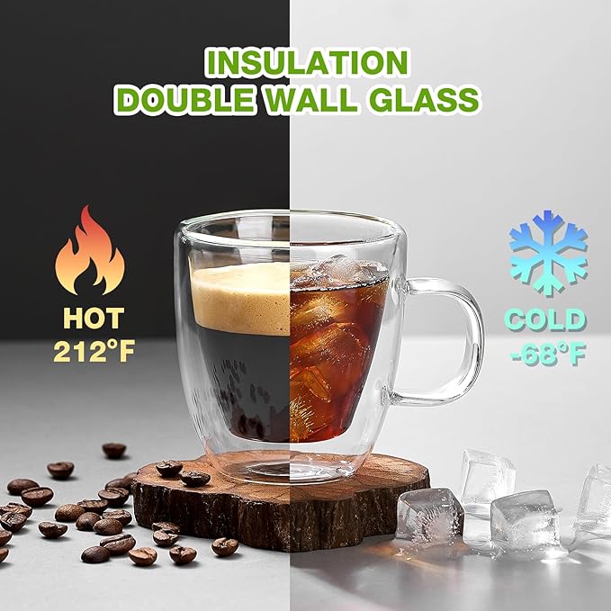 Mfacoy Glass Double Wall Insulated Espresso Cups (Set of 2), 5.4 oz Shots Cup with Handle, Insulated Glasses Mugs, Small Coffee Cups, Shot Glass