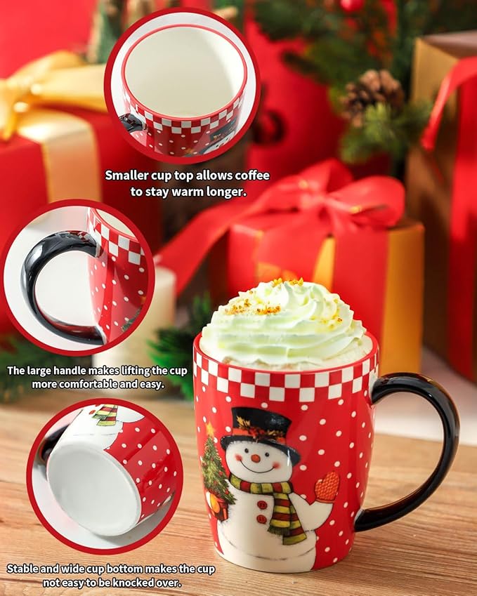 HASENSE Ceramic Coffee Mugs Set, 15oz Holiday Cups Set of 6, Holiday Cups with Handles for Hot Cocoa,Coffee,Idea Gifts for Women,Family,Friends, Red & Withe