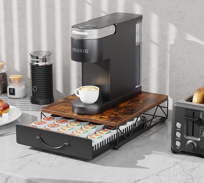 HFHOME Vertuo Pod Holder, Compatible for Nespresso Vertuoline 40 Big or 60 Small Capsules, Wooden Top and Mesh Shelves, Kitchen Counter Coffee Bar Station Organizer with Sliding Drawer, Rustic Brown