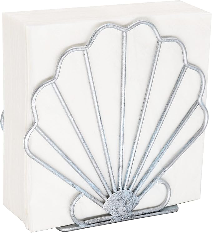 OwlGift Oceanic Napkin Holder, Nautical Themed Napkin Holder with Seashell Design, Beach Napkin Storage Organization Décor for Tabletop, Coastal Décor Centerpiece – Silver Blue