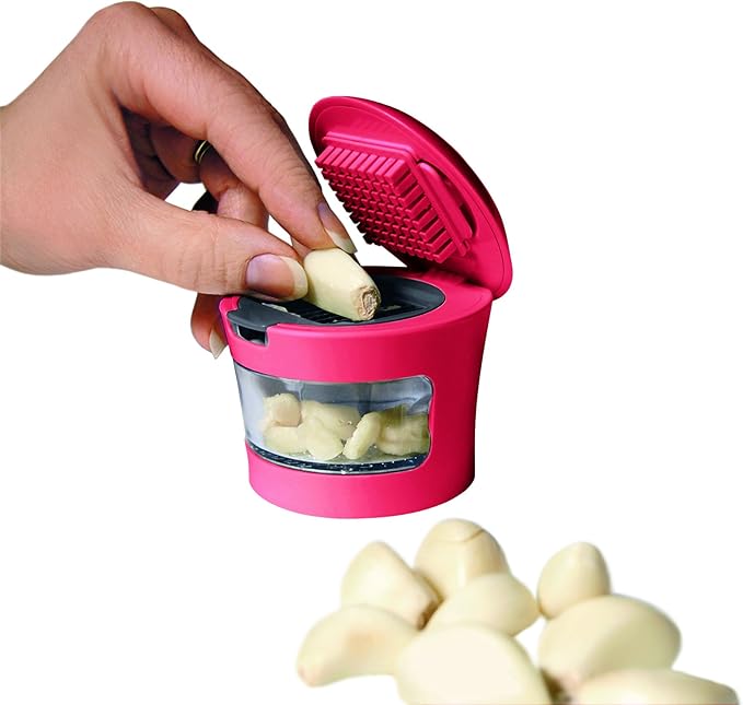 Garlic Perfection Press, Crusher, Mincer, and Storage Container - Easy to Clean - Stainless Steel Blades - Red