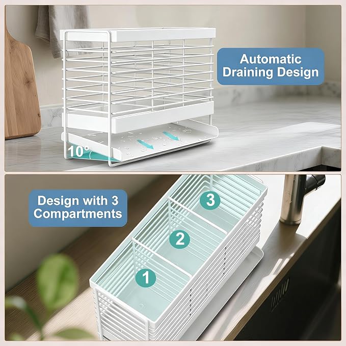 Utensil Holder, Upgrade Stainless Steel Utensil Drying Rack with Automatic Drain Tray for Kitchen Counter, Silverware Cutlery Organizer for Spoons, Forks, Knifes, Chopsticks (White)
