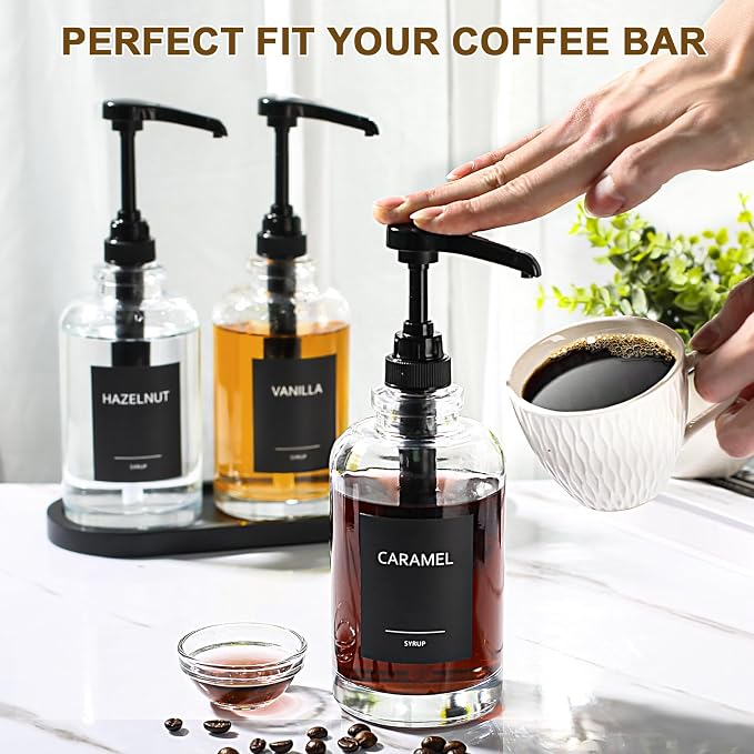 Coffee Syrup Dispenser for Coffee Bar, 16.9 fl oz Glass Syrup Dispenser with 1/4oz Large Capacity Pump, Coffee Syrup Pump Dispenser for Home Kitchen Station, Latte & Iced Coffee Station Organizer