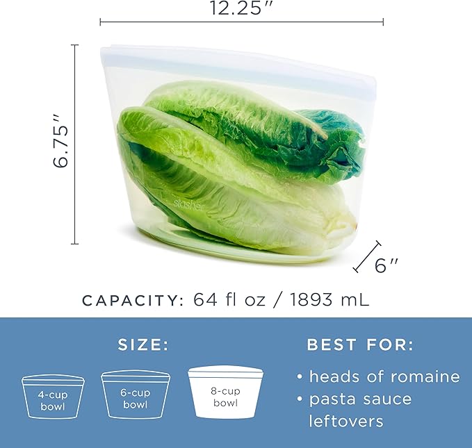 Stasher Silicone Reusable Storage Bag, 8-Cup Bowl, Reusable Freezer Bags, Microwave, Dishwasher, Oven Safe, Sous Vide, Premium Lunch Container, Eco Friendly, Food-safe Silicone Snack Bag, 64 oz, Clear | Reusable Food Bag