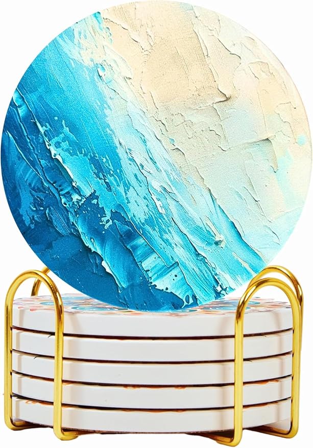 Colorful Ceramic Marble Coasters Set of 6, Cute Moisture Absorbing Coaster, Coffee Table Decor, Stone Absorbent Drink Coasters