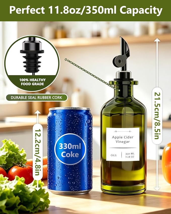 COOLMI Olive Oil Dispenser Set of 2, Dark Green Glass Bottles, 12 oz | Black Auto-Flip Drip-Control Spouts, Funnel, 2 Brushes, And 45 Labels For Oil, Vinegar, Soy Sauce, And Syrup.