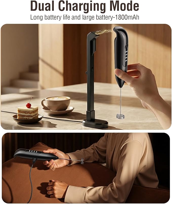 Electric Milk Frother Handheld, coffee frother rechargeable 3 in 1 - LED Display for Latte, Cappuccino - Charcoal Black