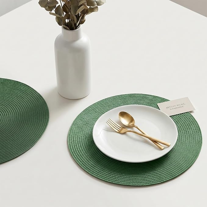 AHHFSMEI Round Placemats Set of 6 Heat Resistant Washable Non-Slip Woven Braided Table Mats for Dining Table Kitchen & Home Decor (Olive Green)