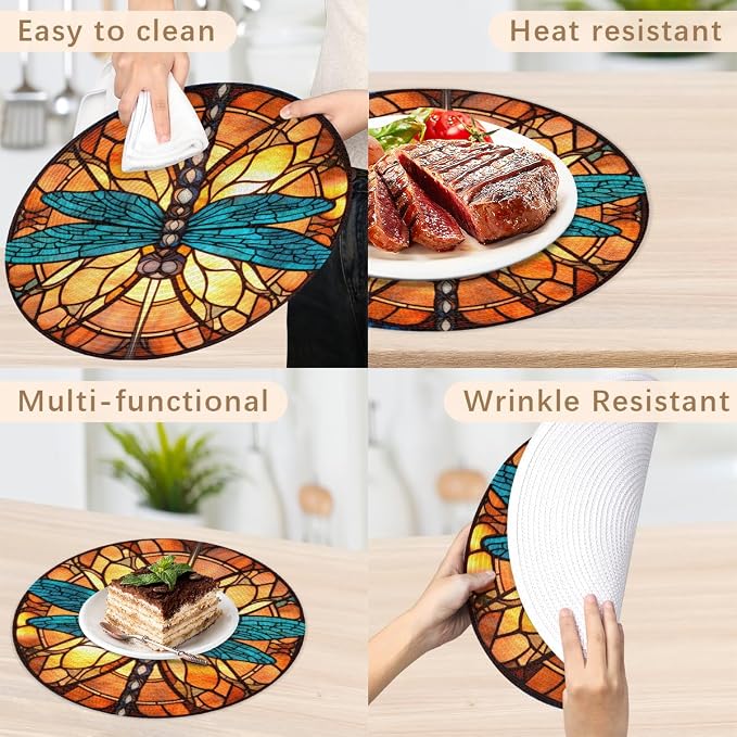 Round Placemats Set of 4, Dragonfly Glass Background Woven Placemats Mats Non-Slip Heat Resistant Washable Table Mats Round Braided Place for Farmhouse Kitchen Dining Party Decor 15in
