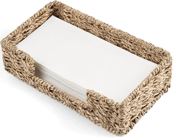 Napkin Holder for Bathroom, Woven Wicker Seagrass Guest Towel Holder Tray, Disposable Paper Hand Towel Holder for Bathroom Accessories, Dinner Napkin Holder for Kitchen Table Party