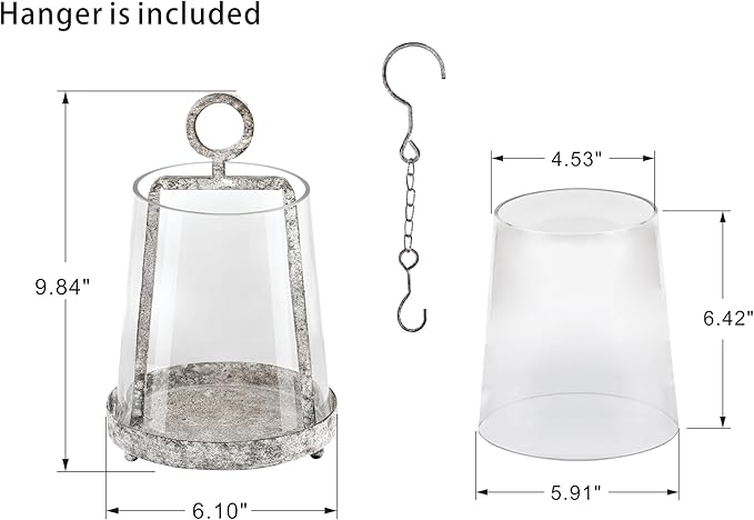 6" Wide Modern Farmhouse Metal Hurricane Candle Holder with Handmade Sturdy Glass Sleeve in Rustic Black for Pillar Candle & Plants, Glass Hurricane Lantern, Industrial, Minimalistic