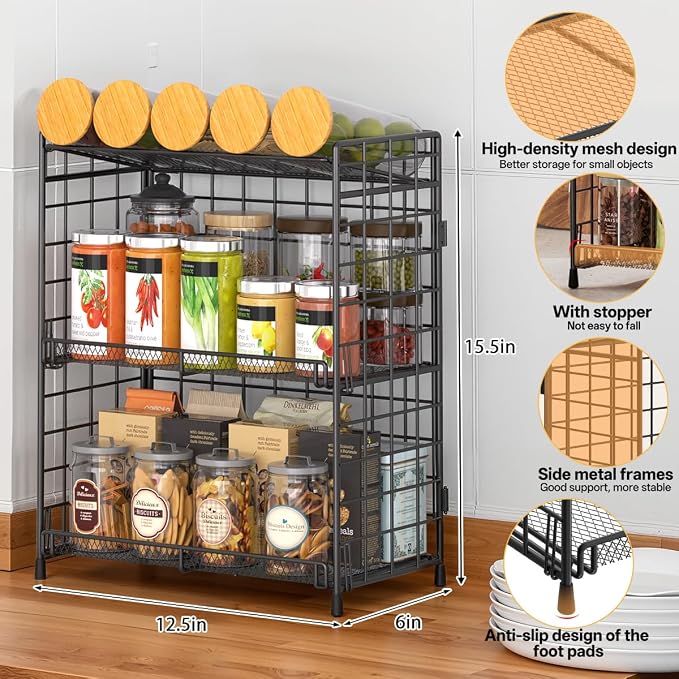 DTUQYX Bathroom Counter Storage Organizer, 3 tier Flodable Perfume Make up Organizers for Vanity, Installation-free Metal Seasoning Shelf Spice Rack for Countertop, Kitchen, Cabinet, Bedroom, RVs
