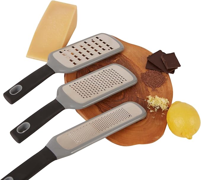 RSVP International Paddle Grater, Etched Steel Blades, Stainless Steel Hand Held Kitchen Cheese & Vegetable Shredder Comfort Grip Handle and Anti-Slip Foot and Safety Cover, Course