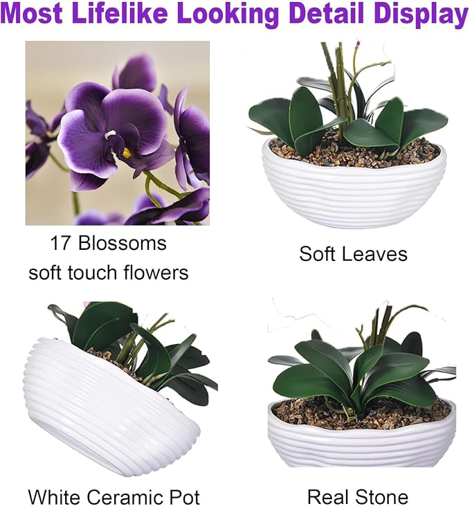 19" H Phalaenopsis Faux Orchid Plant Silk Orchid Centerpiece Artificial Floral Arrangement in Ceramic Pot (Deep Purple)