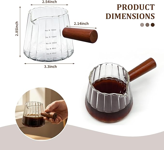 6 Oz Espresso Measuring Cup, Borosilicate Glass Espresso Shot Cup with Wood Handle, Clear Scale and V-Shaped Spout for Coffee, Milk Frothing, Syrup and Tea