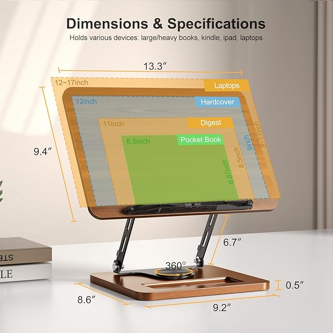 OPTIXCELL Book Stand for Reading, 360° Rotating Hands Free Book Holder, Adjustable Height and Angle, Page Clip for Cookbook, Recipe, Magazine, Laptop,Tablet, Foldable for Kitchen, Office, School