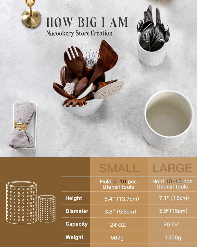 Nucookery Utensil Holder for Kitchen Counter, White Large Stable Ceramic Cooking Utensil Crock for Countertop Organizer, Farmhouse Decor, Set of 2, 7.1"&5.4", Christmas Thanksgiving Gift, X-Texture