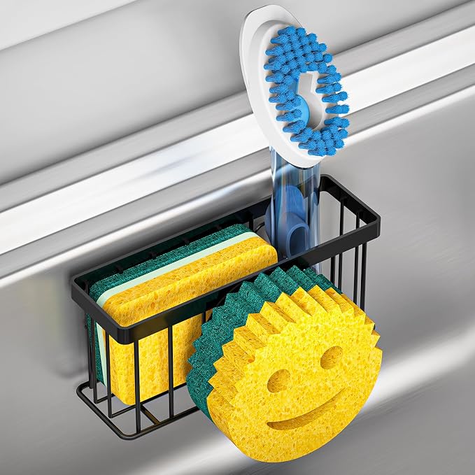 MURLONG Sponge Holder Smiley Face, Sink Organizer with 2 Suction Cups/1 Adhesive Strips, Designed for Sponge, Soap, Dish Brush, Scrubber - Black