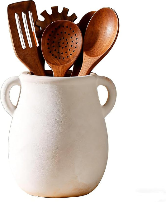 Rustic Kitchen Utensil Holder for Countertop, Ceramic Utensil Crock for Kitchen Counter,Farmhouse Spatula Organizer for Countertop, Vintage Crock Decor, Ideal Housewarming Gift (White)