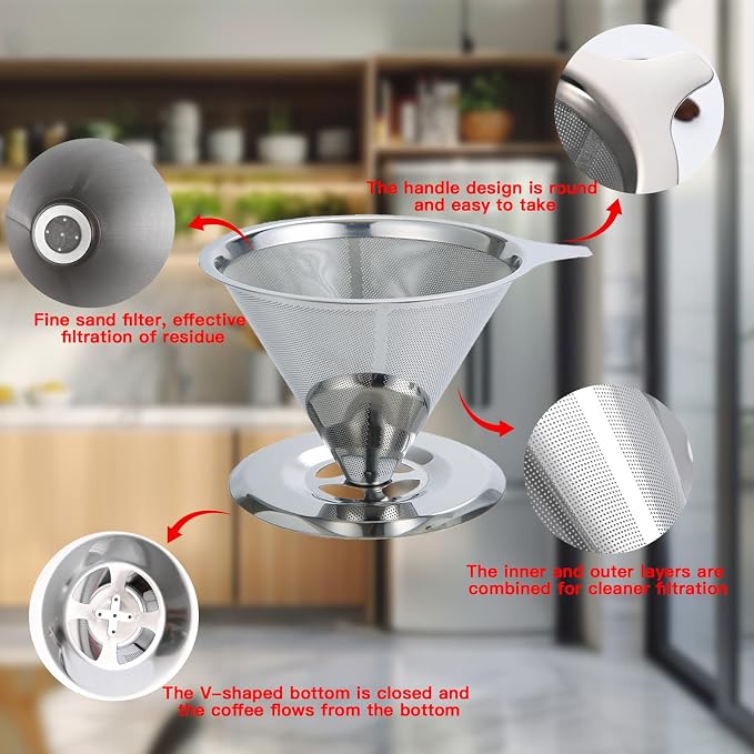 Pour Over Coffee Dripper, Stainless Steel Coffee Filter, Fine Mesh Double Layer Design of Manual Reusable Cone Coffee Filters, Paperless Pour Over Coffee Maker (Double mesh 1-4 cups silver)