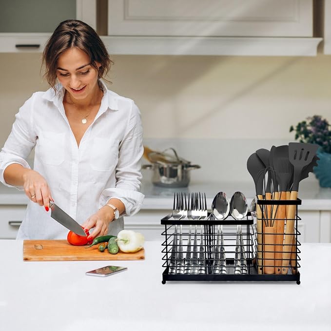 Kitchen Utensil Holder for Countertop, Thickened Stainless Steel Black Utensil Holder with Drainage Base, Large Capacity Kitchen Utensil Organizer with 1 Removable Divider (3 Compartment)