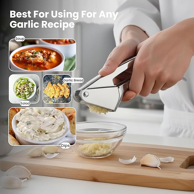 KUYRA Garlic Press Stainless Steel – Heavy Duty No-Peel Garlic Crusher & Mincer, High Capacity Chamber, Rust-Free 304 Steel, Easy Clean & Dishwasher Safe Clove Crusher & Hand Mincer