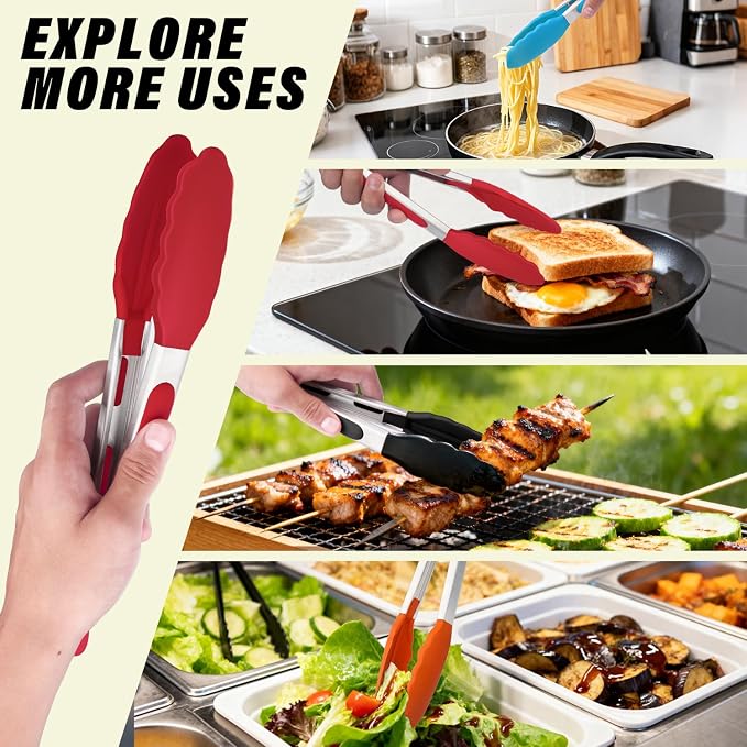 Salad Tongs, 16 Inch Silicone Food Tongs with 304 Stainless Steel Core & Non-Slip Grip in Red Color