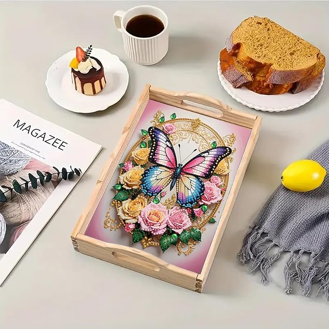 BAYUNOE DIY Diamond Serving Tray Rectangular Breakfast Tray with Handle Handmade Diamond Art Painting Wooden Tray Spring Creative Dinner Plate Coffee Room Living Home Organizer-Rose Butterfly