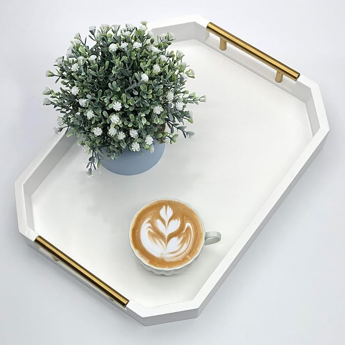 Serving Tray with Polished Metal Handles, Hexagon Coffee Table Tray, Modern Rectangle Decorative Tray, Large Ottoman Tray, Perfect for Storage and Display (White Rectangle)