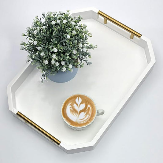 Serving Tray with Polished Metal Handles, Hexagon Coffee Table Tray, Modern Rectangle Decorative Tray, Large Ottoman Tray, Perfect for Storage and Display (White Rectangle)