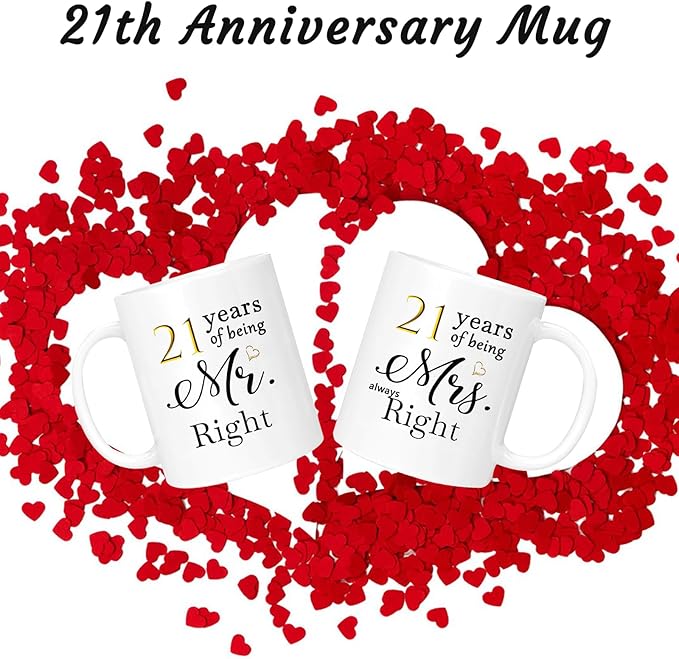 21th Anniversary Coffee Mugs Set of 2, 21 Year Anniversary Wedding Gifts Decorations for Couple Parents Men Women Husband Wife Him Her, Gift Box Packaging, 11oz