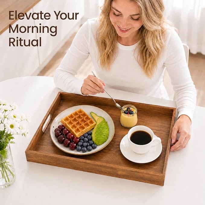 Acacia Wood Serving Tray Set of 2 with Handles for Food & Decor | Serve food & drinks, organize remotes and essentials, decorate coffee tables, ottomans, kitchen counters & living rooms.