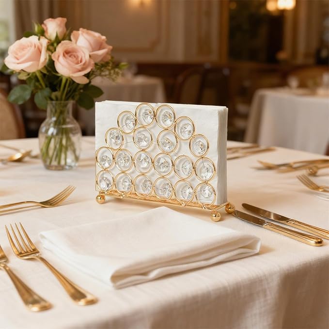 2-Pack Metal Crystal Gold Napkin Holders, Standing Tissue Dispenser & Card Organizer -5.7"×4.3" Modern Table Organizer for Kitchen Dining Party Bathroom Decor