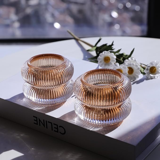 Woho Ribbed Amber Votive Candle Holders Set of 12 for Wedding Table, Vintage Glass Tealight Candle Holder for Fall Decor, Boho Tea Lights Candle Holder for Thanksgiving (Brown, 2.1" H X 2.75" D)