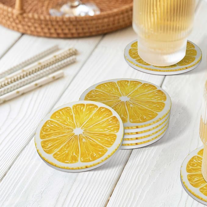 Lemon Yellow Coasters Set of 4 Absorbent Ceramic Coasters for Drinks Modern Cup Coaster with Cork Backing Cute Stone Coaster Housewarming Gifts 4.1 Inches