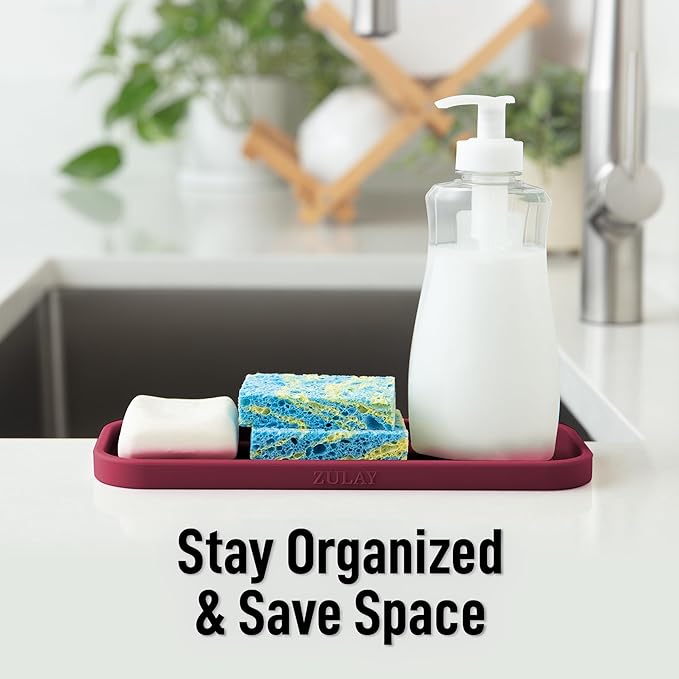 Zulay Kitchen (9x3.5) Silicone Sponge Holder for Kitchen Sink - Flexible Multipurpose Soap Tray - Sink Organizer for Kitchen, Bathroom, Makeup, Trinkets & More (Wine Red)