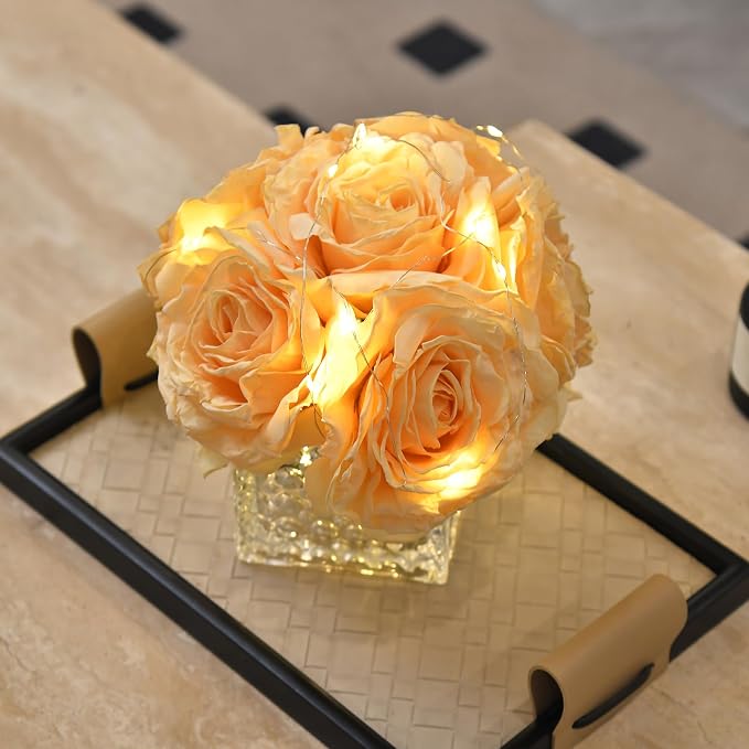 Artificial Rose in Glass Vase Vintage Silk Flower Arrangement with LED Light for Table Centerpiece Home Wedding Decoration (Champagne)