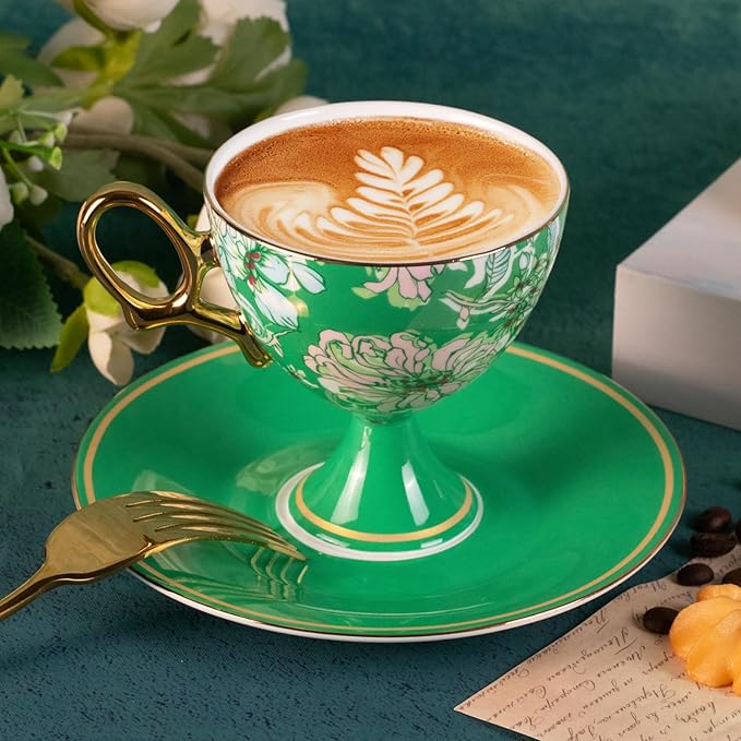 KAMMAK Ceramic Coffee Cups and Saucers Set of 2, Porcelain Espresso Cups with Saucers, 7.7 oz Handcrafted Ceramic Floral Coffee and Tea Cup, Vintage Drinkware for Tea Party, Office, Women Gifts