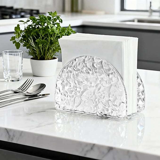 Acrylic Napkin Holder for Table,Thick Napkin Holders with water ripple texture for Paper Napkins & Kitchen Tables & Parties and weddings Suitable for all events (Semicircle)
