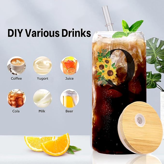 Initial Glass Cups Sunflower with Bamboo Lids and Straws,16oz Iced Coffee Mug Tumbler,Monogrammed Birthday Gifts Mother's Day Sunflower Gifts for Women,Mom,Friend,Sister