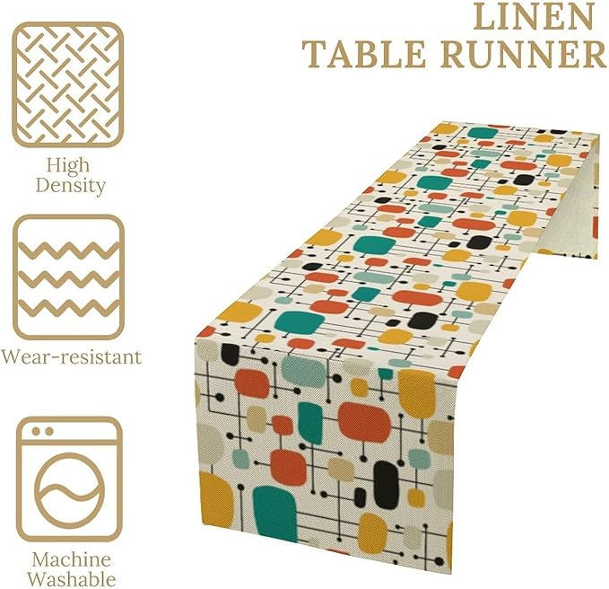 Mid Century Table Runner,Retro 60s Colorful Geometric Atomic Star Abstract Art Table Runner for Home Indoor Outdoor Kitchen Holiday Birthday Party Wedding Decor 13x36 Inch