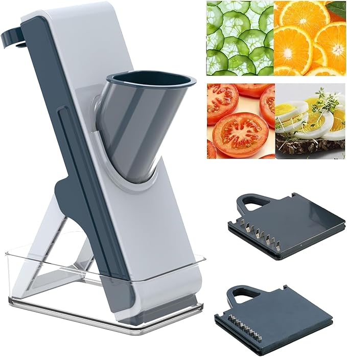 Eletronova Safe Mandoline Slicer for Kitchen, Vegetable Slicer with Container, French Fry Cutter, All in 1 Julienne Slicer for Potato, Thickness Adjustable, Detachable Blade, Dishwasher Safe（Grey-2）